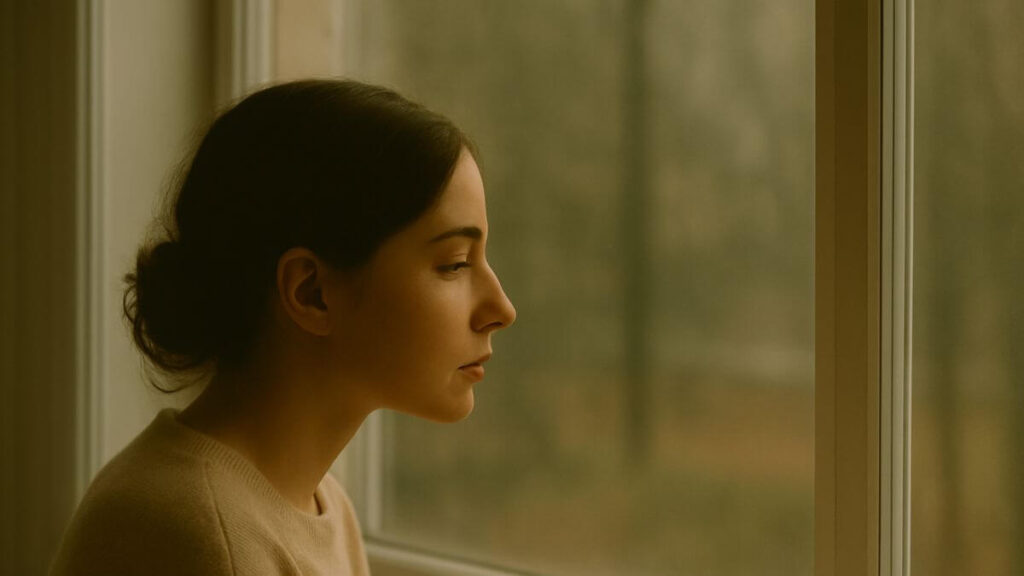 Mulher jovem de pele clara e cabelo preso olha pensativa pela janela, com expressão serena e luz suave entrando no ambiente — imagem contemplativa que transmite sensibilidade, silêncio e introspecção, ideal para ilustrar um post sobre filmes que curam.